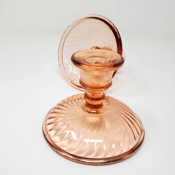 Vtg Pink Heavy Depression Glass Candlestick Holder Swirl Pattern Set of 2 - Picture 6 of 7